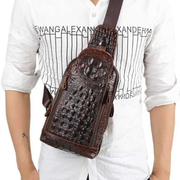 Crocodile Genuine Leather Sling Bag Backpack for Men Travel Outdoor Hunting - Picture 2 of 6